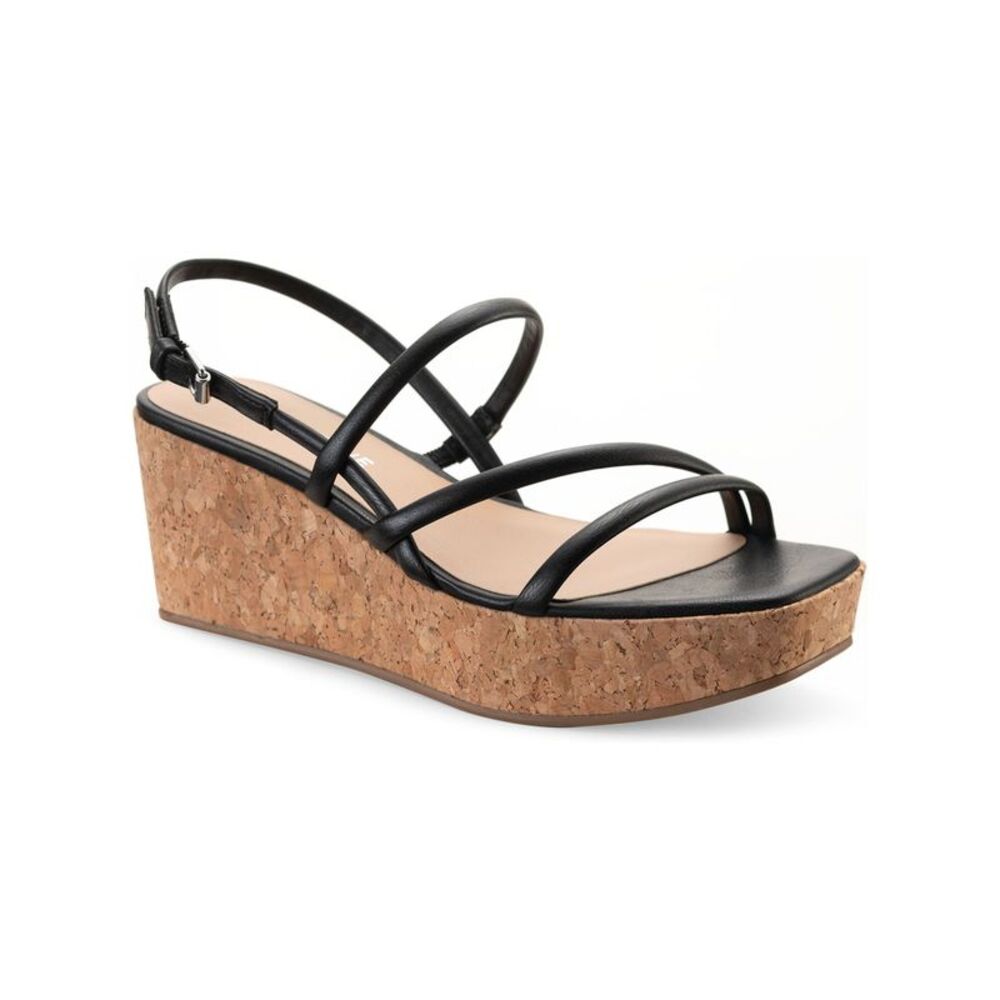SUN STONE Womens Black 1" Platform CorkBella Toe Wedge Slingback Sandal 8.5 M